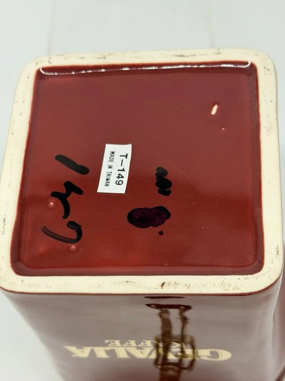 Gevalia Kaffe Maroon Burgundy Red & Gold Ceramic Air Tight Coffee Jar Canister